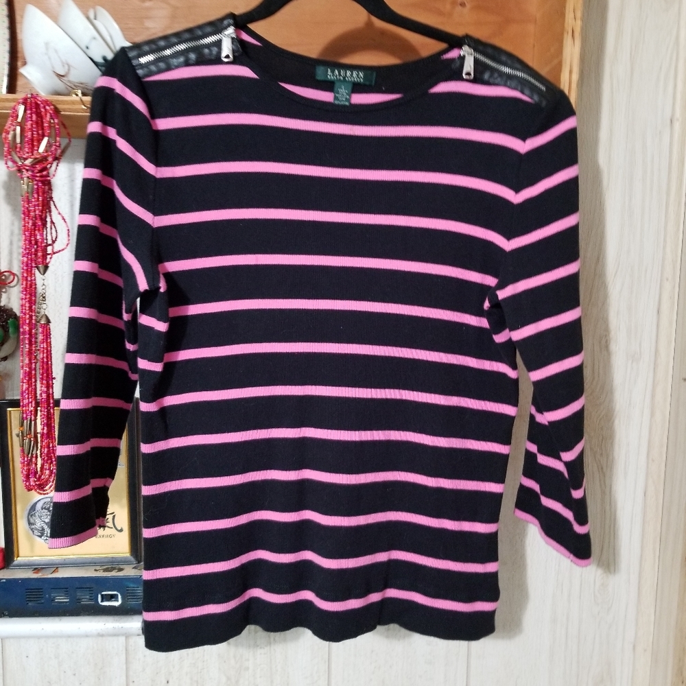 Ralph Lauren Pink & Black Striped Top SZ L